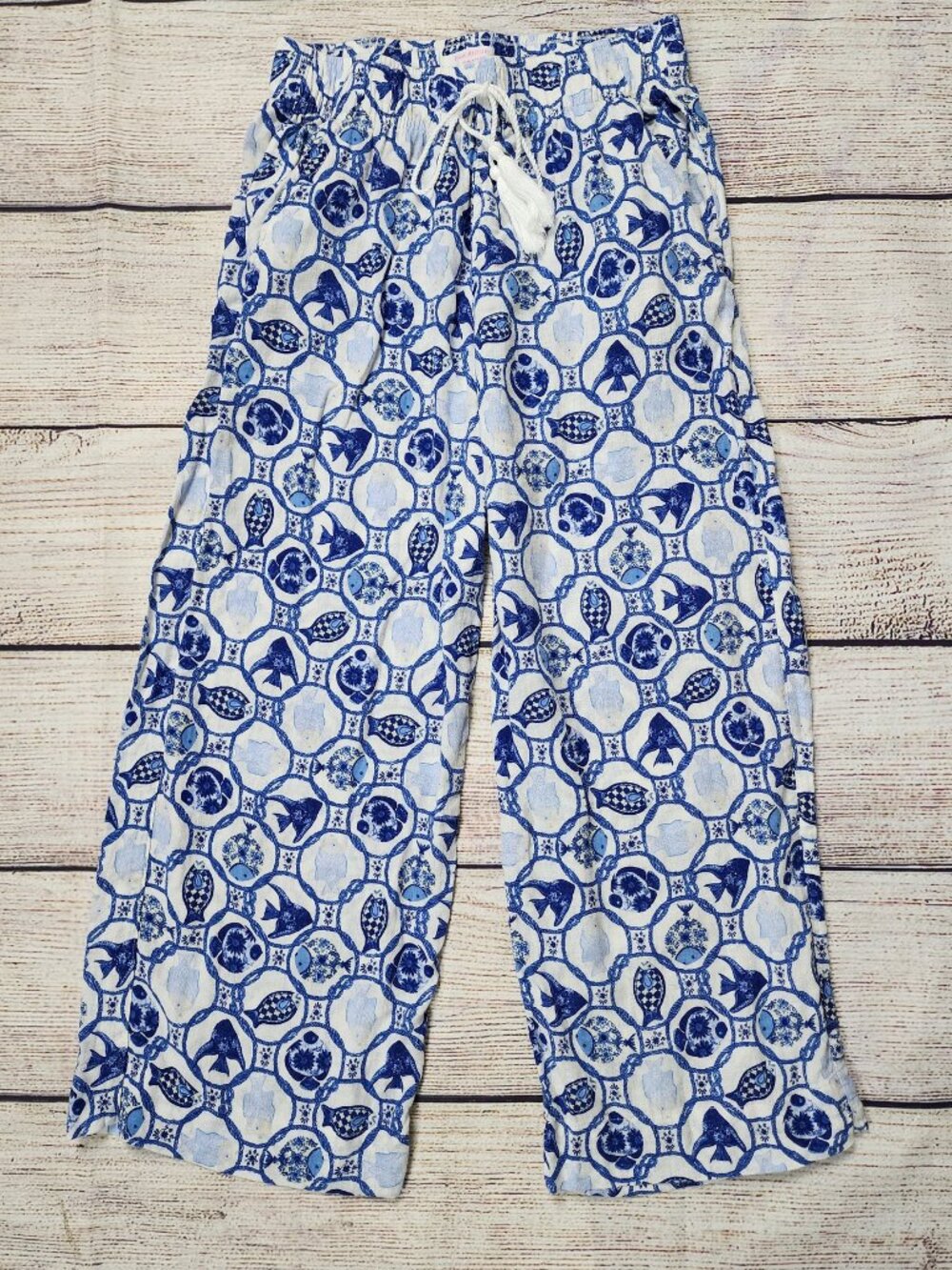 Isaac Mizrahi Linen Blend Small Wide Leg Pant‎ Blue White Fish Vacation Beach